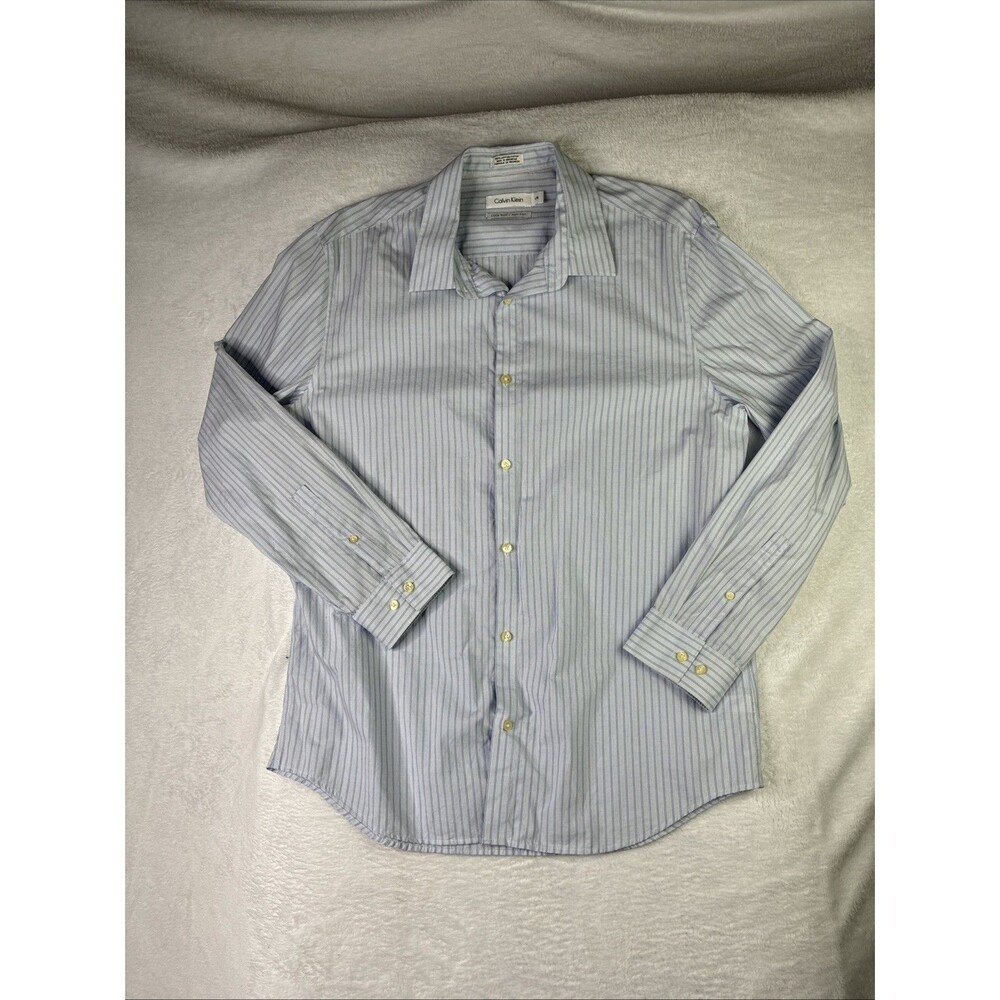 Calvin Klein Cool Tech Non Iron Shirt Mens L Blue Stripe 100% Cotton Long Sleeve